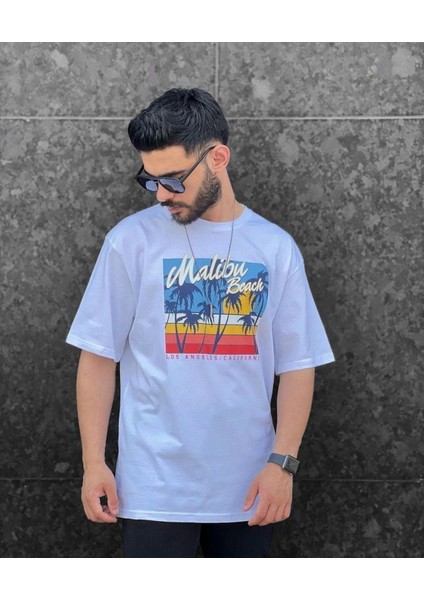 Blacksokak Erkek Açık Mavi Malıbu Beach Baskılı Oversize Bisiklet Yaka Tshirt fiyatları