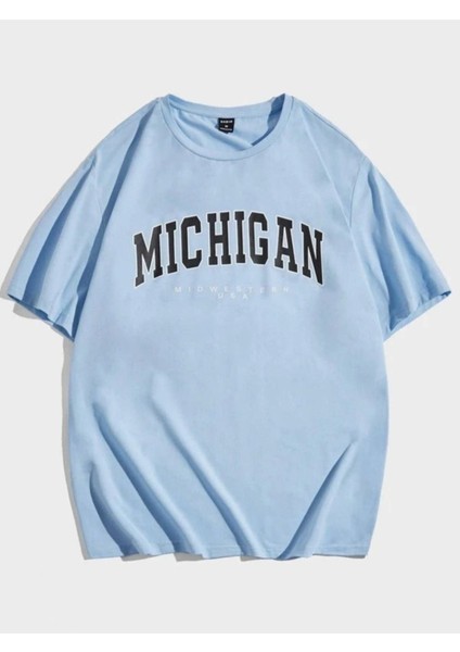 Blacksokak Erkek Bebe Mavi Mıchıgan Baskılı Oversize Bisiklet Yaka Tshirt