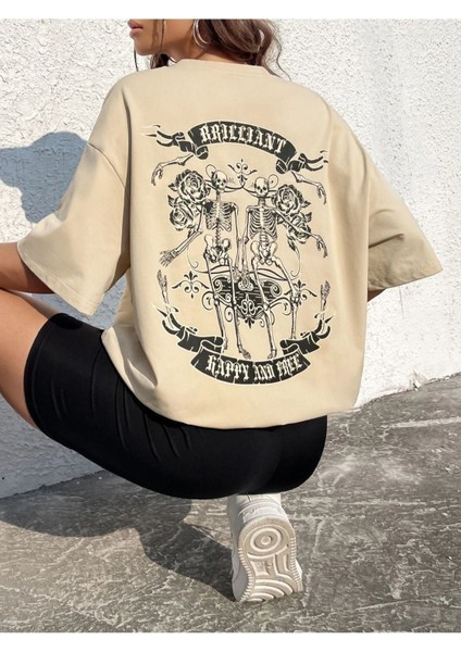 Blacksokak Kadın Bej Brılıant Baskılı Oversize Bisiklet Yaka Tişört