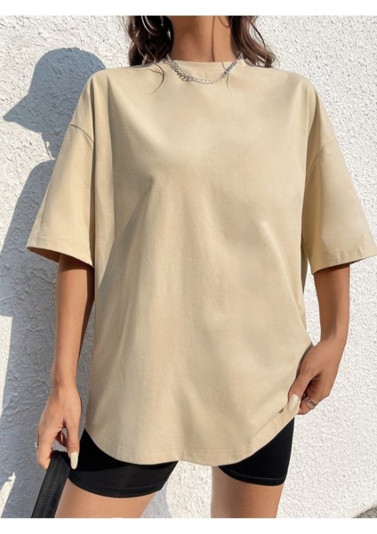 Blacksokak Kadın Bej Brılıant Baskılı Oversize Bisiklet Yaka Tişört modelleri