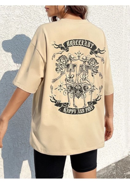 Blacksokak Kadın Bej Brılıant Baskılı Oversize Bisiklet Yaka Tişört fırsatları