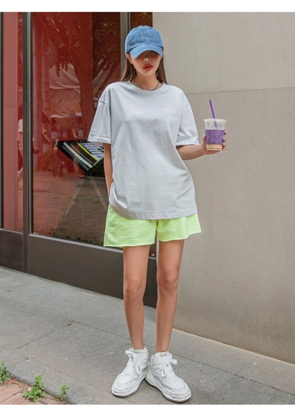 Blacksokak Kadın Açık Gri Weekend Day 15 Baskılı Oversize Bisiklet Yaka Tshirt modelleri