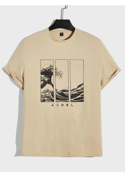 Unisex Bej Ağaç Baskılı Bisiklet Yaka Tshirt