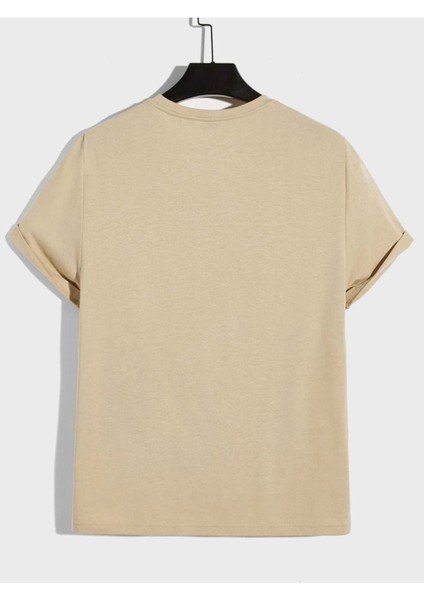 Unisex Bej Ağaç Baskılı Bisiklet Yaka Tshirt