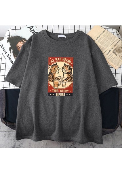 Blacksokak Erkek Antrasit He Had Heard Baskılı Oversize Bisiklet Yaka Tshirt