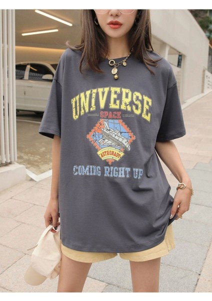 Blacksokak Kadın Antrasit Unıverse Baskılı Oversize Bisiklet Yaka Tshirt