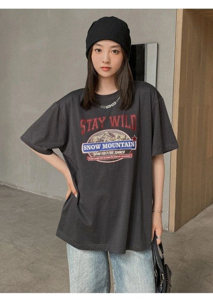 Blacksokak Kadın Antrasit Stay Wıld Baskılı Oversize Bisiklet Yaka Tshirt