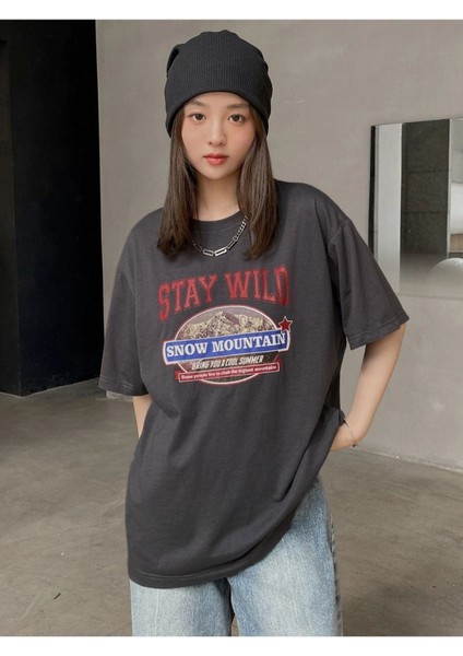 Blacksokak Kadın Antrasit Stay Wıld Baskılı Oversize Bisiklet Yaka Tshirt modelleri