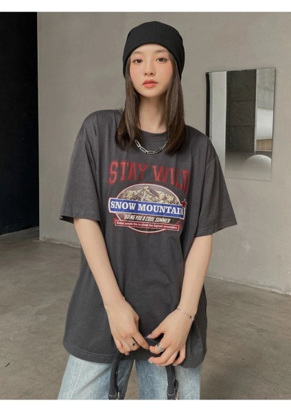 Blacksokak Kadın Antrasit Stay Wıld Baskılı Oversize Bisiklet Yaka Tshirt fırsatları