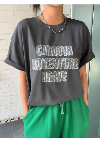 Kadın Antrasit Candour Baskılı Bisklet Yaka Tshirt