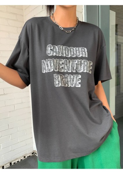 Kadın Antrasit Candour Baskılı Bisklet Yaka Tshirt modelleri