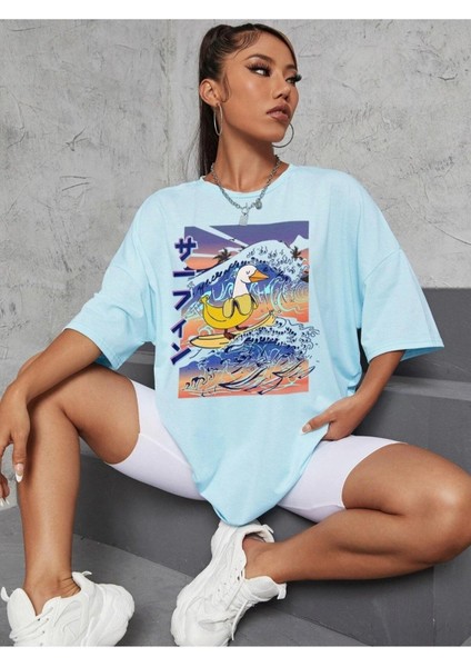 Blacksokak Kadın Bebe Mavi Japon Ördek Baskılı Oversize Bisiklet Yaka T-Shirt