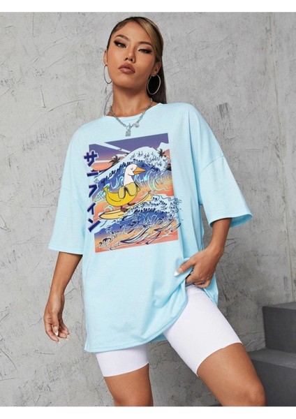 Blacksokak Kadın Bebe Mavi Japon Ördek Baskılı Oversize Bisiklet Yaka T-Shirt modelleri