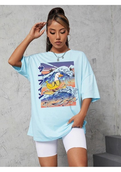 Blacksokak Kadın Bebe Mavi Japon Ördek Baskılı Oversize Bisiklet Yaka T-Shirt fırsatları