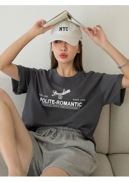 Blacksokak Kadın Antrasit Polite Romantic Baskılı Oversize Bisiklet Yaka Tshirt