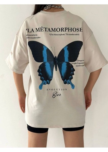 Radjeanss Kadın Bej Kelebek Oversize Bisiklet Yaka Tshirt