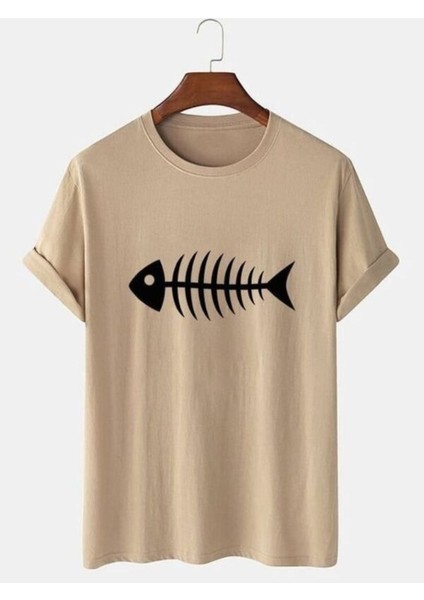 Blacksokak Unisex Bej Balık Kılçığı Baskılı Oversize T-Shirt