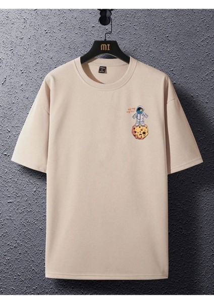 Blacksokak Unisex Bej The Galaxy Gezegen Baskılı Oversize Bisiklet Yaka Tshirt fiyatları