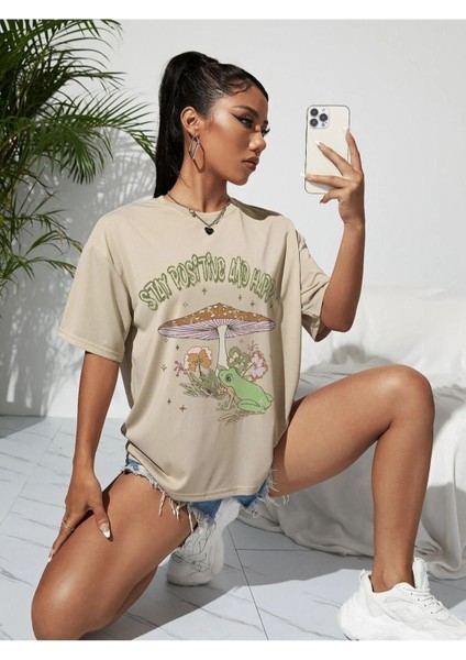 Blacksokak Kadın Bej Stay Posıtıve And Happy Baskılı Oversize Bisiklet Yaka Tshirt modelleri