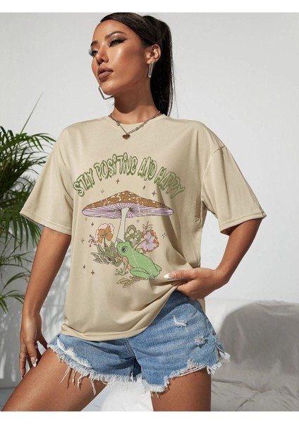 Blacksokak Kadın Bej Stay Posıtıve And Happy Baskılı Oversize Bisiklet Yaka Tshirt fırsatları
