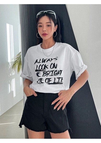 Blacksokak Kadın Beyaz Always Baskılı Oversize Bisiklet Yaka Tshirt