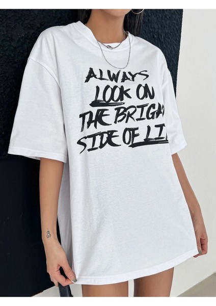 Blacksokak Kadın Beyaz Always Baskılı Oversize Bisiklet Yaka Tshirt modelleri