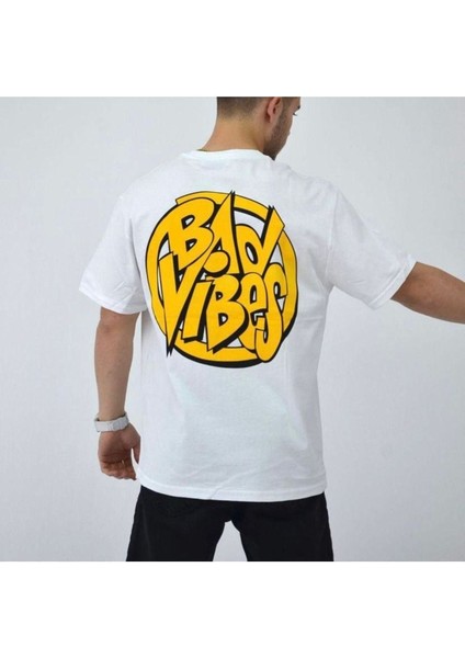 Blacksokak Erkek Beyaz Bad Vibes Baskılı Oversize Bisiklet Yaka Tshirt