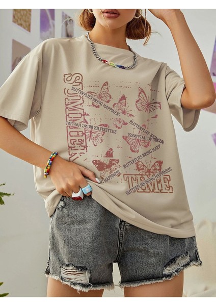 Blacksokak Kadın Bej Summer Baskılı Oversize Bisiklet Yaka Tshirt