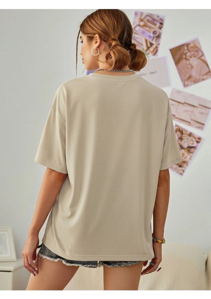 Blacksokak Kadın Bej Summer Baskılı Oversize Bisiklet Yaka Tshirt fiyatları