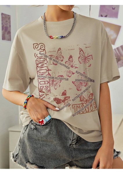 Blacksokak Kadın Bej Summer Baskılı Oversize Bisiklet Yaka Tshirt modelleri