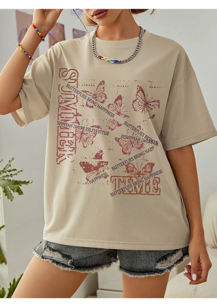 Blacksokak Kadın Bej Summer Baskılı Oversize Bisiklet Yaka Tshirt fırsatları