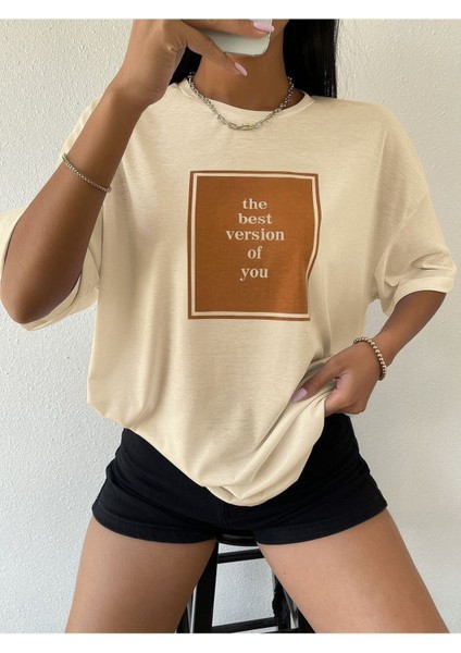 Blacksokak Kadın Bej The Best Baskılı Oversize Bisiklet Yaka Tshirt