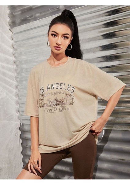 Blacksokak Kadın Bej Los Angeles Baskılı Oversize Bisiklet Yaka Tshirt