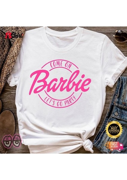 Kadın Beyaz Barbie Come On Baskılı Oversize Bisiklet Yaka T-Shirt
