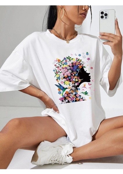 Blacksokak Kadın Beyaz Çiçek Saçlı Baskılı Oversize Bisiklet Yaka Tshirt