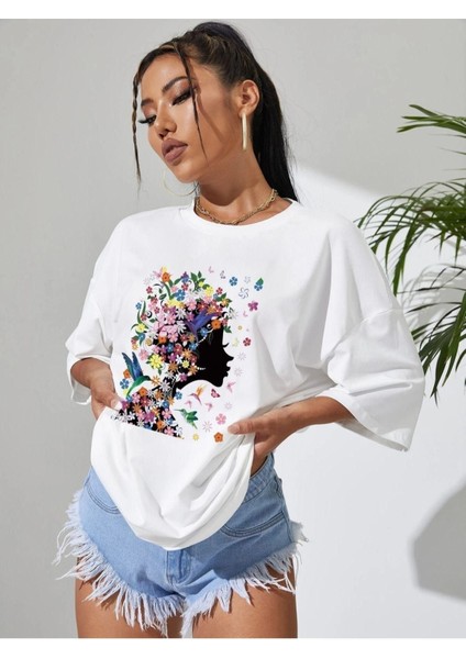 Blacksokak Kadın Beyaz Çiçek Saçlı Baskılı Oversize Bisiklet Yaka Tshirt fırsatları