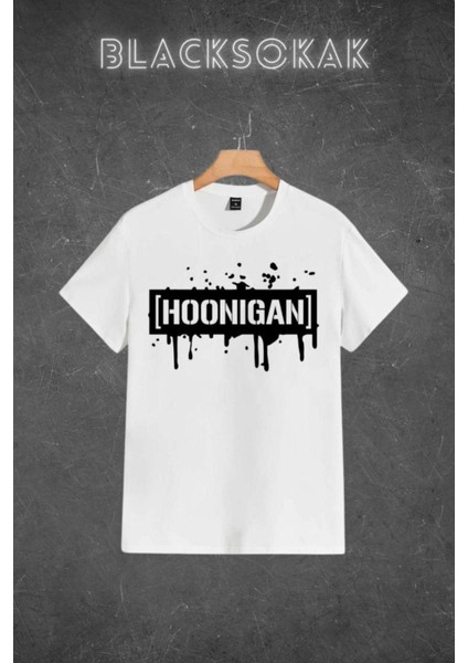 Erkek Beyaz Hoonıgan Baskılı Oversize Bisiklet Yaka Tshirt