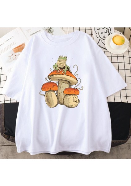 Blacksokak Erkek Beyaz Mantar Baskılı Oversize Bisiklet Yaka Tshirt