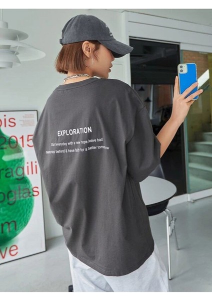Blacksokak Kadın Antrasit Exploratıon Baskılı Oversize Bisiklet Yaka Tshirt