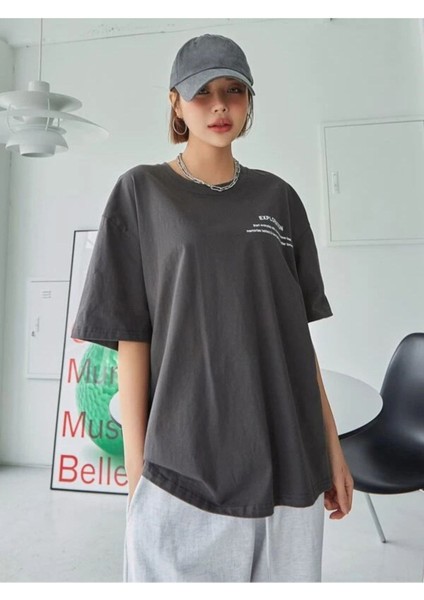 Blacksokak Kadın Antrasit Exploratıon Baskılı Oversize Bisiklet Yaka Tshirt fiyatları