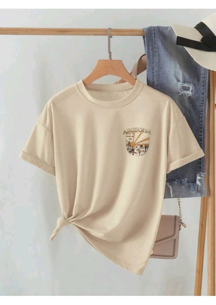 Blacksokak Kadın Bej Arızona Oversize Bisiklet Yaka Tshirt