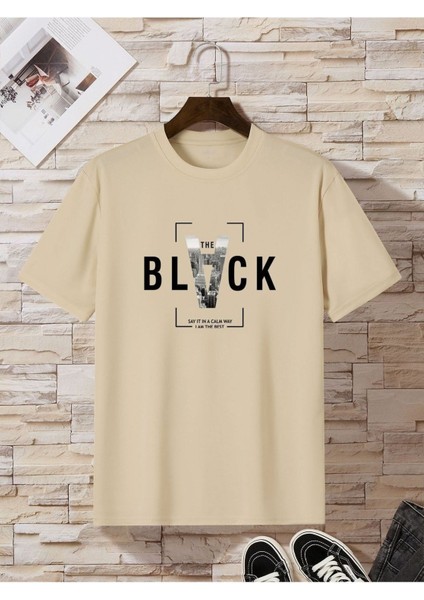 Blacksokak Erkek Bej Black Baskılı Oversze Bisisklet Yaka Tişört
