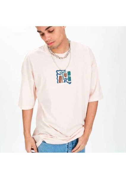 Blacksokak Erkek Bej Future Baskılı Oversize Bisiklet Yaka Tshirt