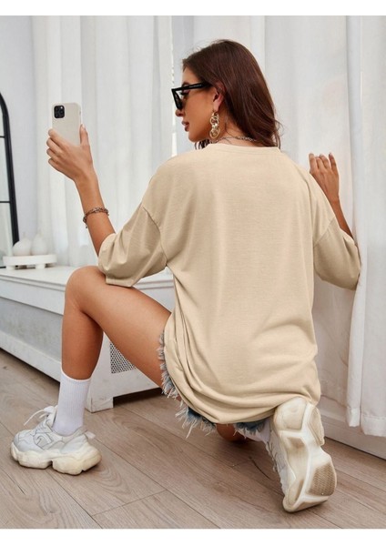Blacksokak Kadın Bej Keep Smılıng Oversize Bisiklet Yaka Tshirt fiyatları