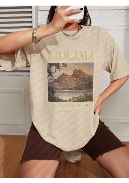 Blacksokak Kadın Bej Tasmanıa Baskılı Oversize Bisiklet Yaka Tshirt