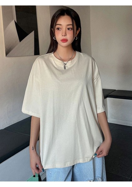 Blacksokak Kadın Bej Strıve To Be Better Baskılı Oversize Bisiklet Yaka Tişört