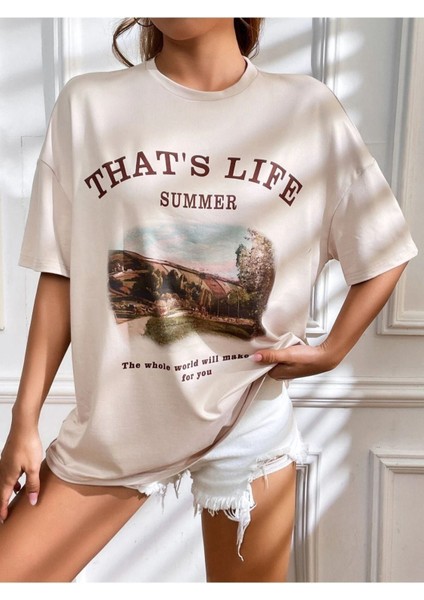 Blacksokak Kadın Bej That's Life Baskılı Oversize Bisiklet Yaka Tshirt fırsatları