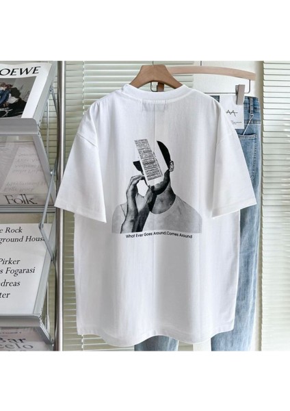 Blacksokak Erkek Beyaz Barkod Baskılı Oversize Bisiklet Yaka Tshirt