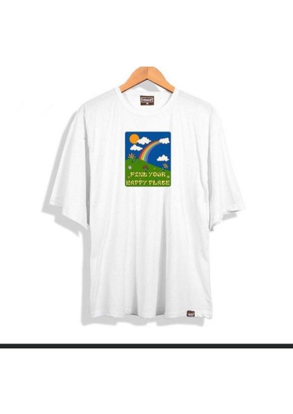 Blacksokak Erkek Beyaz Happy Place Oversize Bisiklet Yaka Tshirt