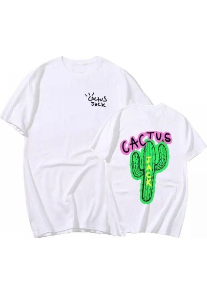 Unisex Beyaz Cactus Baskılı Oversize Bisiklet Yaka Tshirt